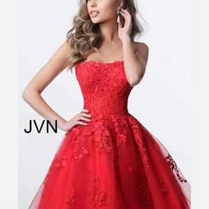 Jovani Scarlet Strapless Floral Gown